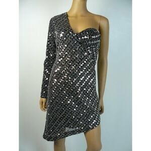 $545 NBD X Black Silver Beaded Sequin One Shoulder Long Sleeve Dress Small NWT